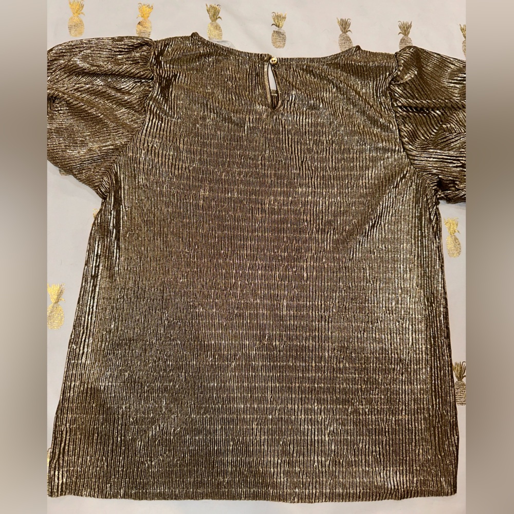 H&M Girls Gold Shimmer Metallic Plisse Top with Bubble Sleeves, Sz 6x-7y. EUC